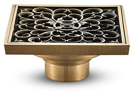 KUNGYO Drain de Plancher de Salle de Bain en Laiton - Anciennes Drain de Douche Carré Unique Fleur Sculptée pour Toilettes Jardin 10 * 10CM