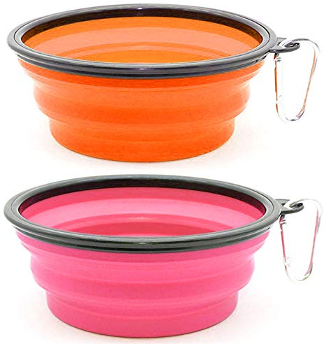 SLSON 2PZ Ciotola Pieghevole per Cane,Ciotola Viaggio Cani con Moschettone Alpinismo,Ciotola Portatile Usato per Gatti,Cani e Animali Domestici per L’Acqua e Cibo (1000ml, Arancione e Rosa)