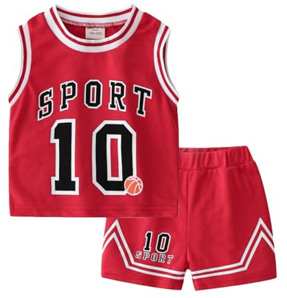Volunboy Kids Sports Shorts Sets Boys Jerseys Tracksuit 2 Piece Basketball Performance Tank Top and Mesh Shorts Set (Red, 5-6 Years)