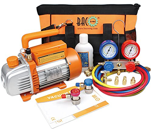 BACOENG 3CFM Vacuum Pump and Manifold Gauge Set - Complete AC Repair Tool Kit for Mini Split/HVAC/AUTO with Heavy Tool Bag - Diagnostic R134a/R410A/R407C