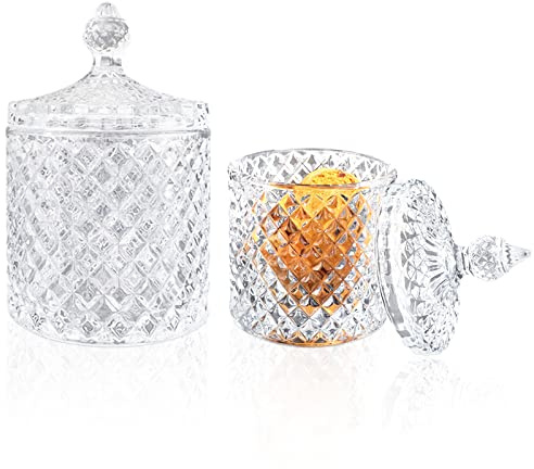 BOJVESH 2Pcs Crystal Lid Diamond Glass Candy Storage Jars with Lid, 2 Sizes