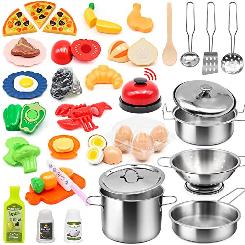 37Items 59Pcs Kids Pretend Play Kitchen Accessories Set, Stainless Steel Play Pots and Pans Sets for Kids, Cooking Utensils, Play Food Pizza Knife Kitchen Playset Toys Gift for Boys Girls Toddlers 3+