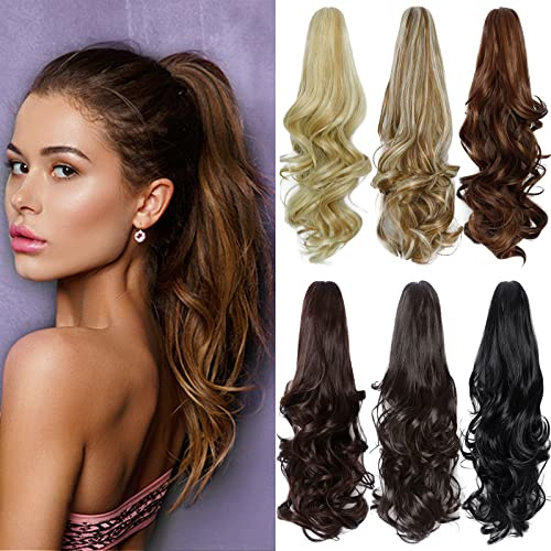 Yamel Dark Brown Curly Claw Jaw Clip in Ponytail Extension Fake Hair | 16 Inch Long Hairpiece Pony Tail Hair Clips Women, Great for Daily Wedding Party Birthday, Heat-resistant Soft Thick Hair