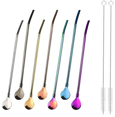Cucchiaio Cannuccia,7 PCS Bere Cucchiaio di Paglia per Bere Slush + 2 PCS Spazzola per Pulizia in Cannucce Acciaio Inox con Cucchiai Cannucce da caffè in Metallo per Frullati Milkshake Cocktail