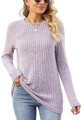 Famulily Long Sleeve Tops Women Loose Fit Longline Jumpers Lightweight Crew Neck Sweatshirts Pink XL