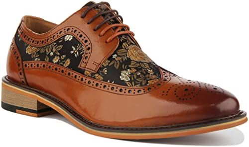 JUSTINREESS Ross Men's Lace Up Leather Floral Brogue Shoes (Brown, Size 9)