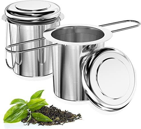 Relota 2Pcs Infusore Tè in Acciaio Inox 304, Colino da Tè Extra Fine con Coperchio e Manici Pieghevoli, Multiuso Riutilizzabile Filtro per Preparare Foglie Sciolte E Maggior Parte Delle Tazze da Tè