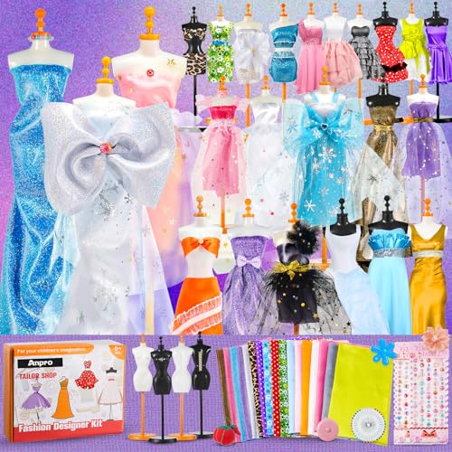 Anpro 700+ Pcs Fashion Designer Kit for Girls with 4 Mannequins,DIY Arts & Crafts Kit for Girls,Doll Clothes Making Sewing Kit