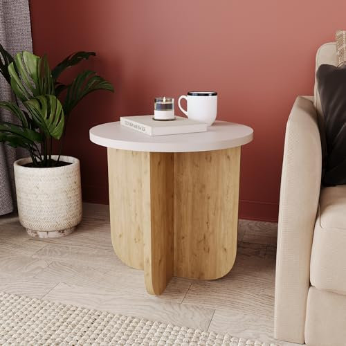Bimossa Round Side Table, 40cm Compact Modern Wooden End Table, Minimalist Small Side Table for Living Room, Bedroom, Sofa & Corner Use, Space-Saving Accent Table (Light Grey/Warm Oak, Beca)