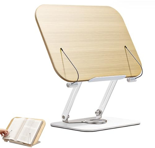 Drehbares Bücherregal, Buchständer Tablet Ständer Holz Leseständer Kochbuchhalter Hängend Tischstaffelei Mit 360° Drehfuß Und 180° Hubstange Faltbar Tragbar für Büro Küche Schule Schreibtisch Klappbar