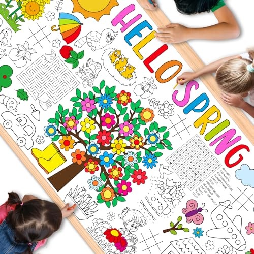 Qyeahkj Hello Spring Coloring Poster Spring Themed Activity Poster for Kids and Adult Coloring Tablecloth Floral Colorin Table Cover for DIY Art Craft Classroom Home Party 71 x 30 inch