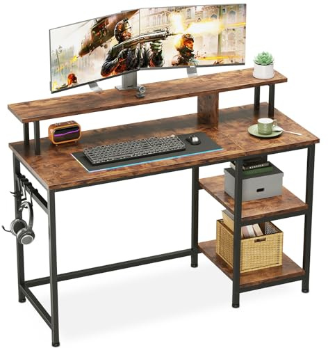 Dripex Computer Desk Home Office Desk with Monitor Stand & Storage Shelves Rustic Brown Work Writing Desk Gaming Table for Small Spaces (L107.5x W48x H95cm)