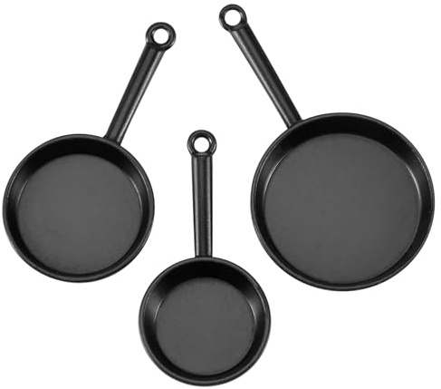 Diheohg 1/12 Scale 3 Pcs Miniature Metal Cooking Pans Pot Cooking Utensils Kitchen Accessory Black