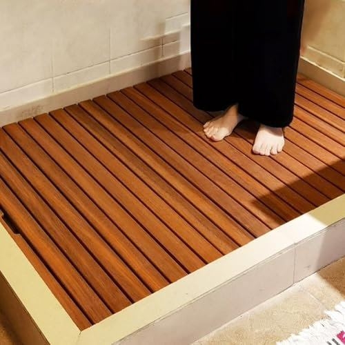 Tarima Ducha Alfombrilla de Baño de Madera Oscura 4 Cm Elevada, Alfombrilla Antideslizante de Madera Aceitada para Ducha/ Bañera/ Rv/ Sauna/ Balcón/ Patio, Tabla de Rejilla Rectangular Cuadrada(60x110