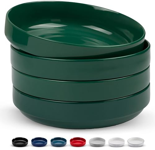 KooK Lot de 4 grands bols à pâtes en céramique, passent au micro-ondes et au lave-vaisselle, parfaits pour les soupes et les salades, bols de service peu profonds, porcelaine brillante, 1,3 l, vert