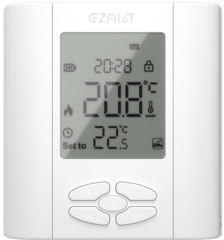 EZAIoT Thermostat Programmable pour Chaudière Gaz et Chauffage Hydronique, Montage Mural, Alimentation par Piles, Programmation Hebdomadaire, Contact Sec, Contrôle Intelligent du Chauffage