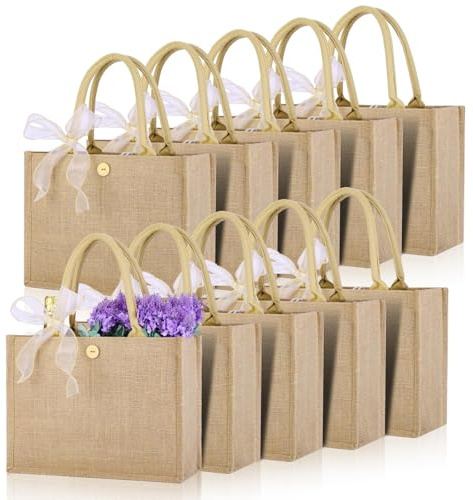 10pcs Burlap Tote Bag Set with Handles, Reusable Grocery Bags with Ribbon 13 x 9.5 x 4.7 Inch Waterproof Natural Jute Tote for Women Bridesmaid Gift Beach Shopping Wedding Travel DIY Embroidery