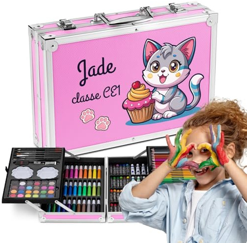 Maverton Malette Dessin Enfant personnalisable - Kit Dessin Coffret Artiste 34x23cm avec prénom - Idee Cadeau Fille Garcon Enfant - Valise Crayon Feutres Pastels - Cadeau Personnalisé - petit chat