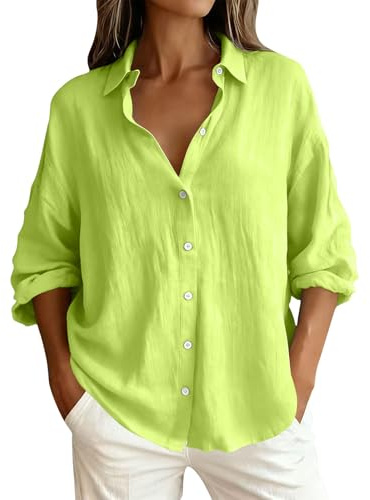 Camisa de lino para mujer, informal, monocolor, muselina, botones, solapa, camisa de playa, holgada, algodón y lino, blusa de verano de manga corta, camisa ligera para la playa, camisa de verano