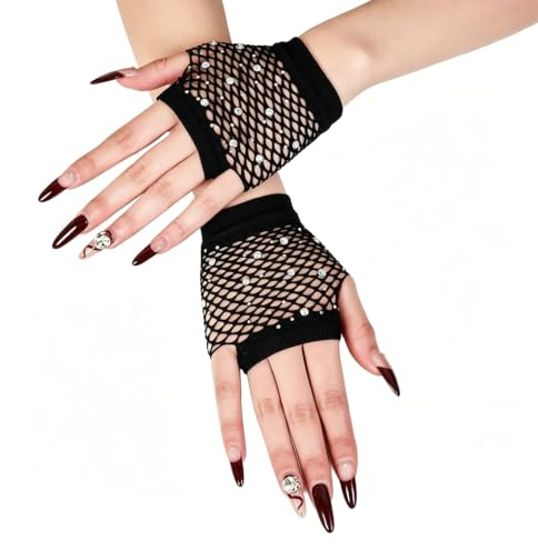 KTJEGE 1 Pair Rhinestone Fishnet Gloves Fingerless for Women,Sparkly Glitter Short Fish Net Gloves,Net Arm Sleeves Warmers for Halloween Decoration,Cosplay Party, Birthday Presents, Christmas