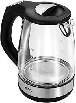 MPM MCZ-100 Bouilloire Électrique en Verre sans BPA 1,5L, Panneau de Contrôle de la Température, Éclairage Interne en 6 Couleurs Différentes selon la Température, sans Fil à 360º, 2200W