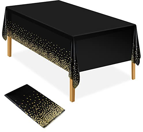 ELECLAND Schwarz und Gold Party Tischdecke aus Kunststoff 137x274cm - Rechteckig mit Dot Konfetti für Picknick, Babyparty, Halloween, Weihnachten (Black and Gold, 1)