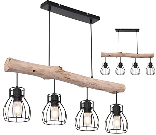 INNOVATE Pendelleuchte Holz 4 Gitterkörbe Rund – 80cm breite Hängelampe Vintage Holzbalken Rustikal – Aluminium Gitterkorb Pendellampe schwarz 4x E27 Fassung bis 40 Watt - Retro Hängeleuchte 140cm