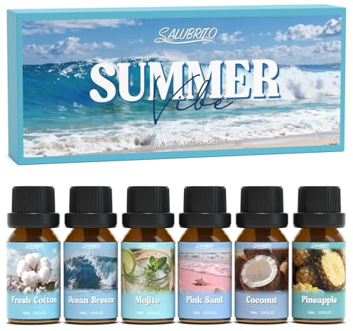SALUBRITO Summer Fragrance Oils Set, Premium Essential Oils Set for Diffuser, Candle, Soap Making, Fresh Cotton, Coconut, Mojito, Pineapple, Ocean Breeze, Pink Island, Strong Scented Oils