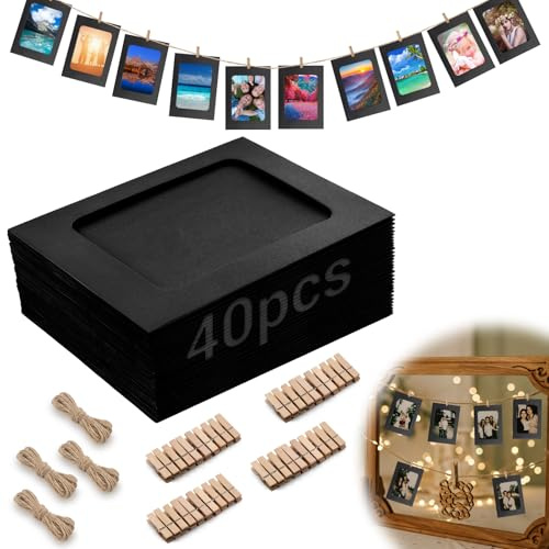 Mbsomnus 40 Pièces Accroche Photo 10x15 cm Guirlande Photo Noir Cadre Photo Carton 6 Pouces Livré Avec 40pcs Mini Epingle en Bois 4pcs Corde en Jute pour DIY Décoration Murale Fête Anniversaire