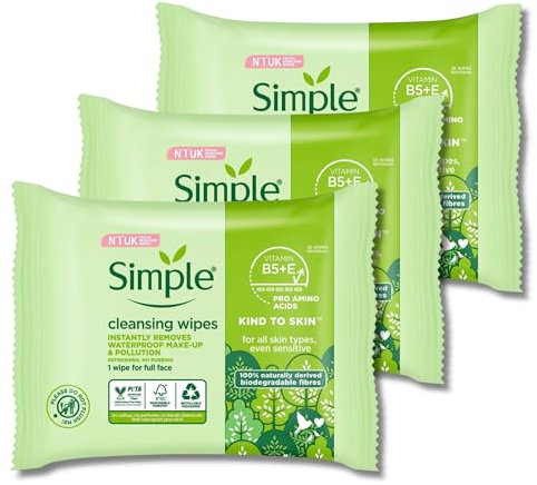 Facial Cleansing Wipes Kind to Skin Sensitive - 3 Pack with 25 Gentle, Hypoallergenic Wipes Per Pack for Sensitive Skin, Dermatologically Tested for Effective and Soothing Cleansing