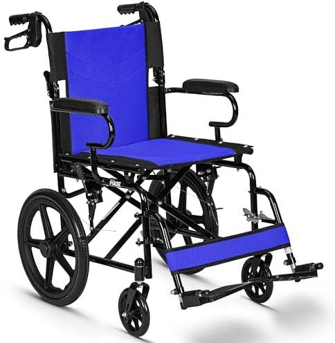 Lightweight Folding Wheelchair - Travel Friendly Foldable Transit Wheel Chair - Adjustable Footrests, Lock Lever Brakes, Dual Parking Brakes - Blue, Standard 18 Seat