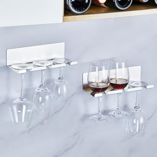 Weinglashalter Wand Gläserhalter Hängend Edelstahl Wandmontage Weingläser Halter Aufhängen Kein Bohren Klebende Weingläser Regal Organizer Weinglas Halterung für Bar Wohnzimmer Küche Silber 2 Stück
