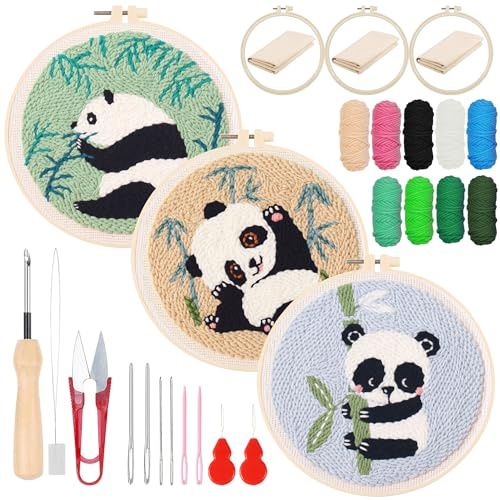 Woohome Punch Needle Starter-kit, stansnål-broderikit med instruktioner, plastcirkel, garn och nålpenna med broderi (panda och bambu)