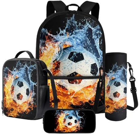 Drydeepin Fire Water Splatter Soccer Ball Pattern 17 Large Capacity Backpack+Thermal Lunch Bag+Water Bottle Carrier 4Pcs Sets Back to School Supplies for Boy Girl School Bag Set