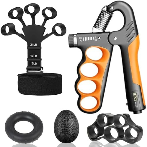 Hand Grip Strengthener Workout Kit (5-Pack) – Includes Adjustable Resistance Forearm Grippers, Finger Stretcher, Grip Ring, and Stress Relief Grip Ball for Athletes (Orange)