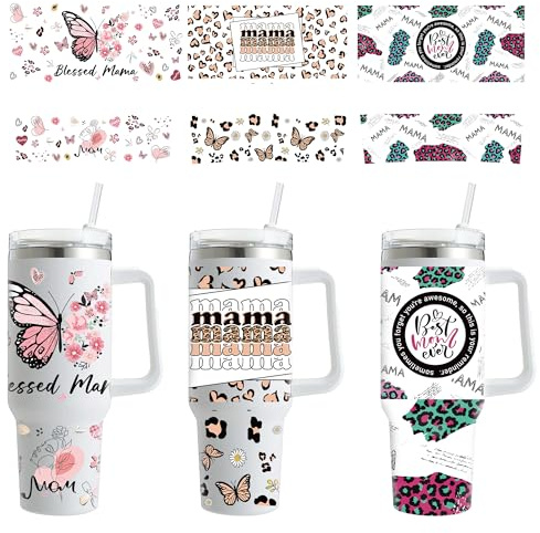 Rub on Transfers for Crafts - 6 Sheets Mom UV DTF Cup Wraps for 40 Oz Mug Water Bottle Leopard Print Butterfly Waterproof UVDTF Personalized Rub on Transfer Stickers for Glass Mother's Day Gifts