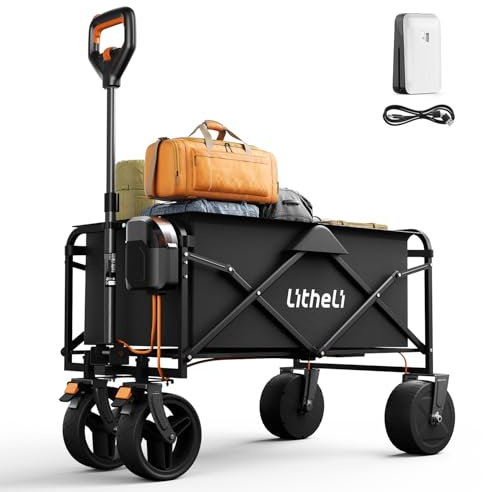 Litheli Outdoor Cart Electric Handcart Foldable Double Motor with Brakes 100L 50 kg Load Capacity Folding Handcart Suitable for Camping, Garden, Beach, Shopping (Black)