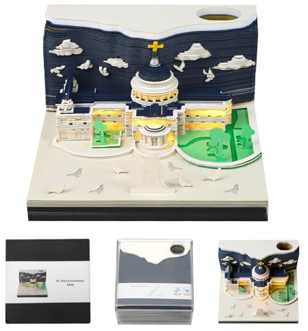 3D Calendar 2026 Tear Off, 3D Notepad, Desk Calendar Notepad, with Lighting and Pen Holder, Creative 3D Paper Sculpture with Crystal Clear Display Box, DIY Desktop Ornament (Church)