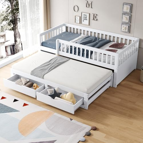 Kinderbett 90x200 Massivholz Schlafsofa mit Ausziehbett & Schubladen, Multifunktionsbett Tagesbett Gästebett Stauraumbett Jugendbett Bettgestell mit Rausfallschutz und Lattenrost, ohne Matratze, Weiß