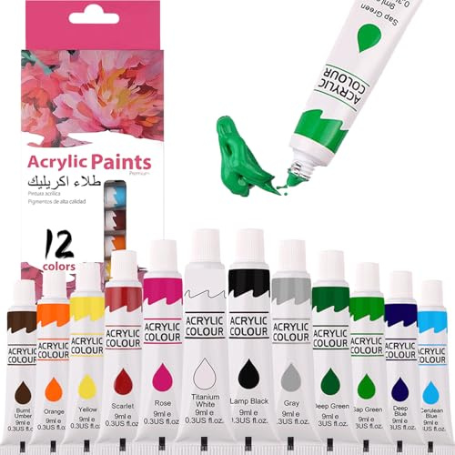 Canollo 12 Farben Acrylfarben Set, Mit 12x9 ml Acrylfarben, Wasserfest und Schnell Trocknend, Painting Acryl Farben Set für Leinwand, Papier, Holz, Stoff, Keramik, Ideal für Anfänger und Profis