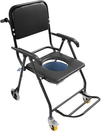 Fauteuil roulant de douche pour personnes âgées, noir, chaise de douche à roulettes portable avec roues, chaise de toilette multifonction pour les toilettes avec bras, capacité de charge de 150 kg