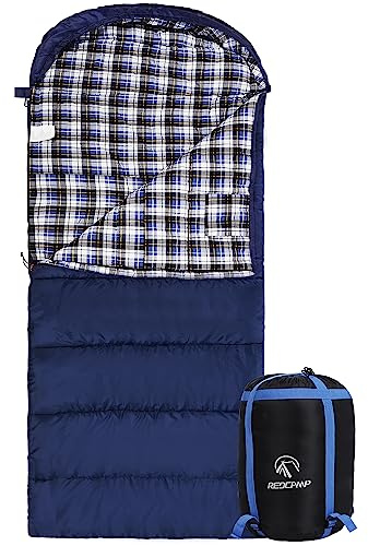 REDCAMP Cotton Flannel Sleeping Bag for Adults, XL 32F Comfortable, Envelope with Compression Sack Blue 2lbs(95x35)