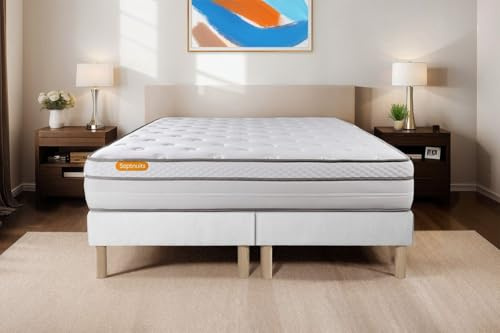 Septnuits Matelas 160x200 + Double sommiers 80x200 Memo Luxe Ressorts ensachés + mémoire de Forme 5 Zones de Confort Maxi épaisseur | Epaisseur : 26 cm | Confort : Equilibré
