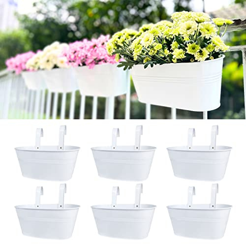 LaLaGreen Outdoor Rail Planter (6 Pack, 9.8 Inch) Small and Cute White Metal Iron Hanging Flower Pots Deck Railings Fence Buckets Countryside Style Wall Mount Window Box Plant Holder Hooks Porch Decor