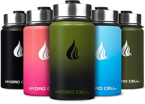HYDRO CELL Stainless Steel Insulated Water Bottle with Straw - For Cold & Hot Drinks - Metal Vacuum Flask with Screw Cap and Modern Leakproof Sport Thermos for Kids & Adults (Army/Black 14oz)