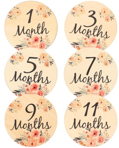 Hohopeti Baby Monthly Cards Double-Sided Wooden Floral Signs 6 Pcs Newborn Monthly Cards for Baby Shower Photo Props and Growth Commemoration