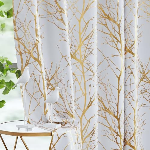 Fmfunctex Blackout Thermal White Gold Eyelet Curtains 52 x 72 Drop Bedroom | White Gold Tree Branch Pattern Window Curtains for Living Room, Modern Style Drapes 2 Panels, Noise Reduction, Energy Saving
