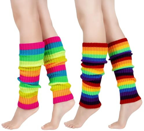 EQLEF 80er jahre neon beinwärmer, Regenbogen Kniewärmer für Mädchen Farbe Beinwärmer für Retro 80er Jahre Theme Party Yoga Casual (2 Paare)