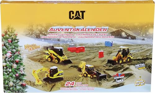 Carrera - 37085970 RC Adventskalender I Original CAT Lizenz I Metall Diecast Fahrzeuge I Motion Sand I Zubehör zum Spielen & weitere Überraschungen I Vorfreude für Baustellen-Fans