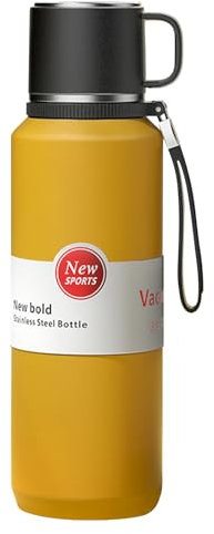 XUDREZ Edelstahl Thermosflasche mit Schichtfilter, Thermoskanne heiße und kalte Getränke Gelb 1.5 L - Hält 24 Stunden - Auslaufsichere vakuumisolierte Flaschen mit Becher für Kaffee Arbeit Milch